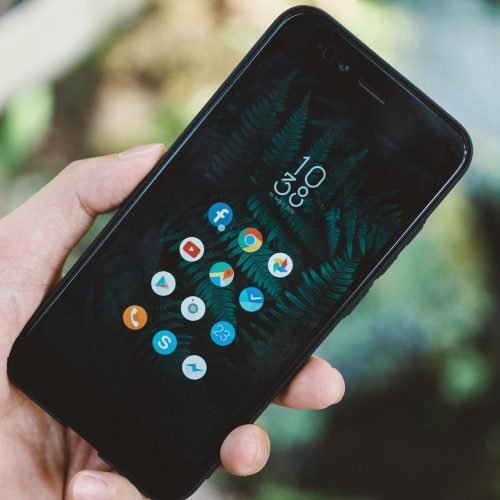 Close-up of a hand holding a smartphone with app icons and a nature wallpaper.