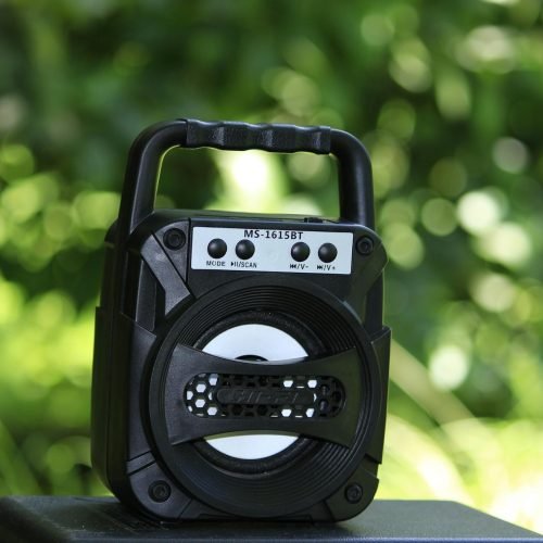 Close-up of a portable wireless speaker against a blurred green outdoor background.