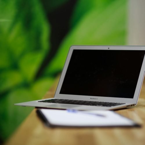 A sleek silver laptop sits open on a wooden desk with a green backdrop, illustrating a modern workspace.