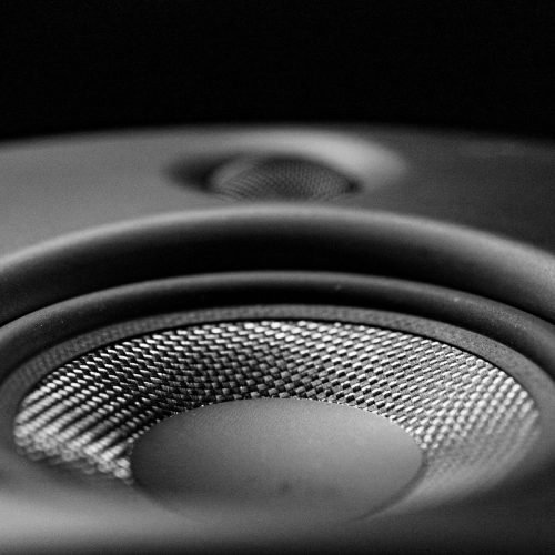A detailed black-and-white close-up image of a speaker, highlighting its intricate design.